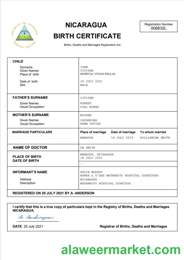 Nicaragua vital record birth certificate Word and PDF template